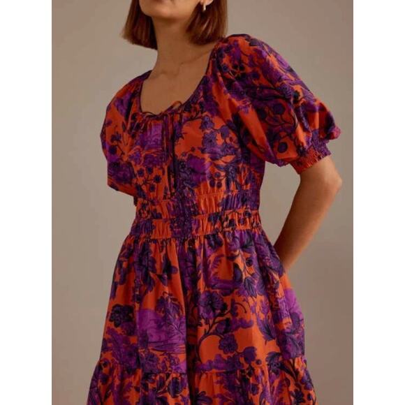 Anthropologie Women's M Somerset Puff Sleeve Maxi Orange Purple Floral Dress - Picture 5 of 15